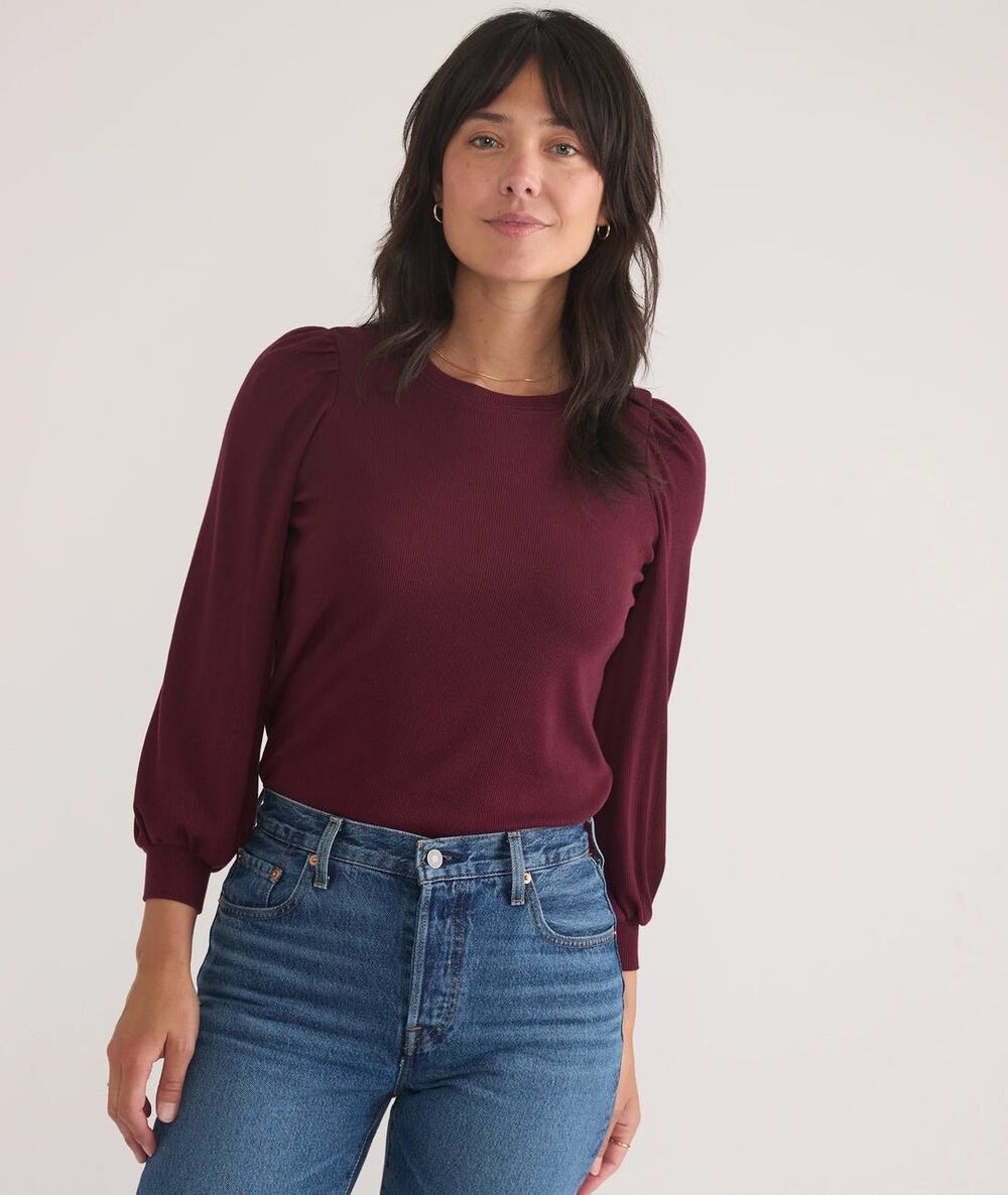 Marine Layer Lexi Rib Puff Sleeve Top Windsor Wine Large Elevated Basic